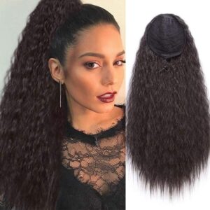 Drawstring Ponytail for Black Women Synthetic Curly Drawstring Ponytail with 2 Clips on Ponytails for Women (Dark Brown)