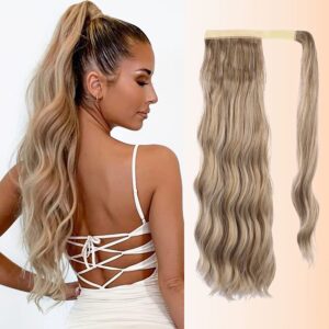 Long Wavy Ponytail Extension Wrap Around 22 Inch Synthetic Clip For White Black Women Daily Use(Light Gold)